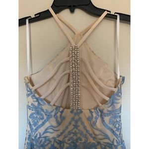Beautiful blue & cream prom dress with beaded back